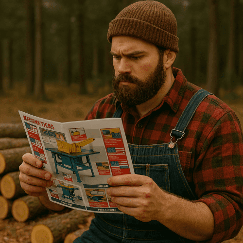 Boscaiolo mentre legge la scheda tecnica R-400