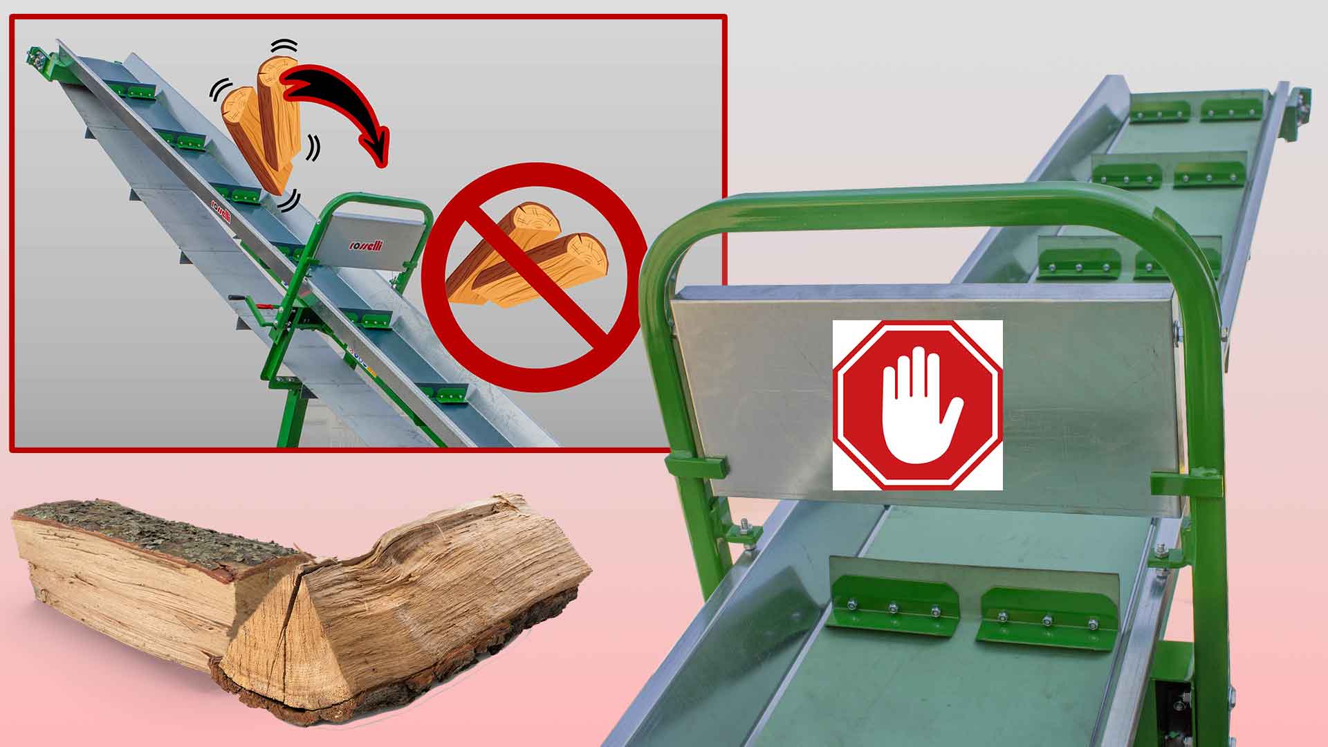 Sistema anti caduta tronchi di legno per nastro trasportatore